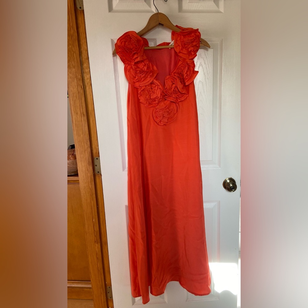 Anthropologie Blue Tassel Rosette Neckline Maxi Dress - Orange/Red, Size S NWOT